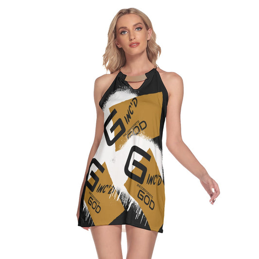 Women's Round Neck Above Knee Dress Black/Gold