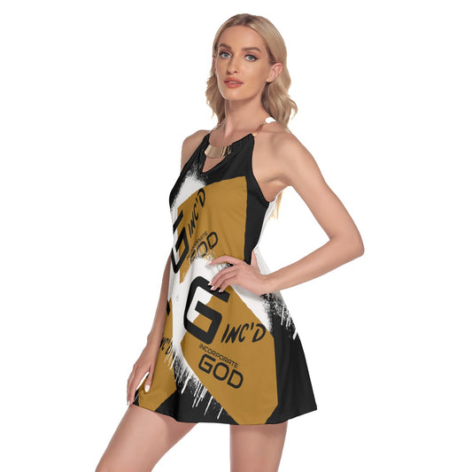 Women's Round Neck Above Knee Dress Gold/Black