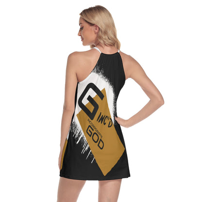 Women's Round Neck Above Knee Dress Gold/Black